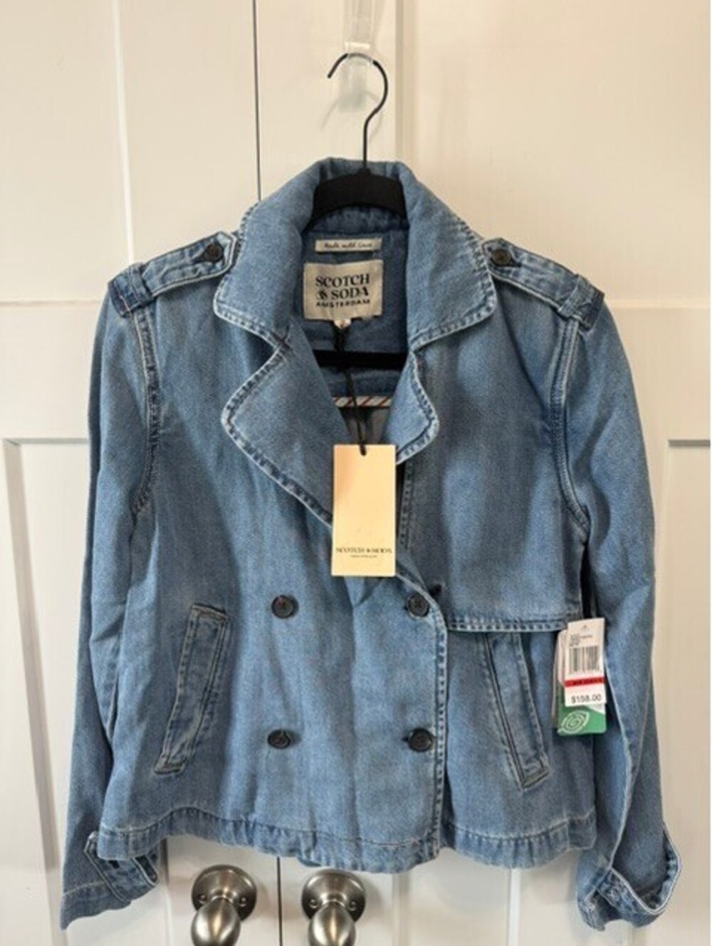 NWT Scotch & Soda cropped denim trench jacket button closure size XS/S